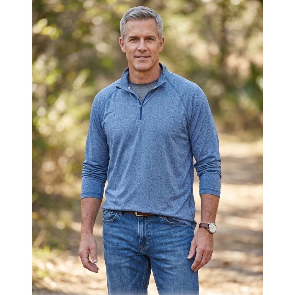 Reebok Mens 2XL Blue Heather Quarter Zip Pullover Activewear Long Sleeve Shirt
